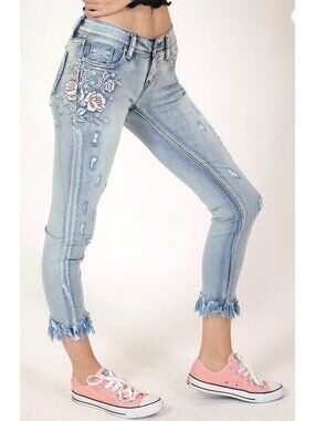 Grace in LA Jeans Women's Light Wash Floral Embroidery Fit Skinny Stretch Jeans